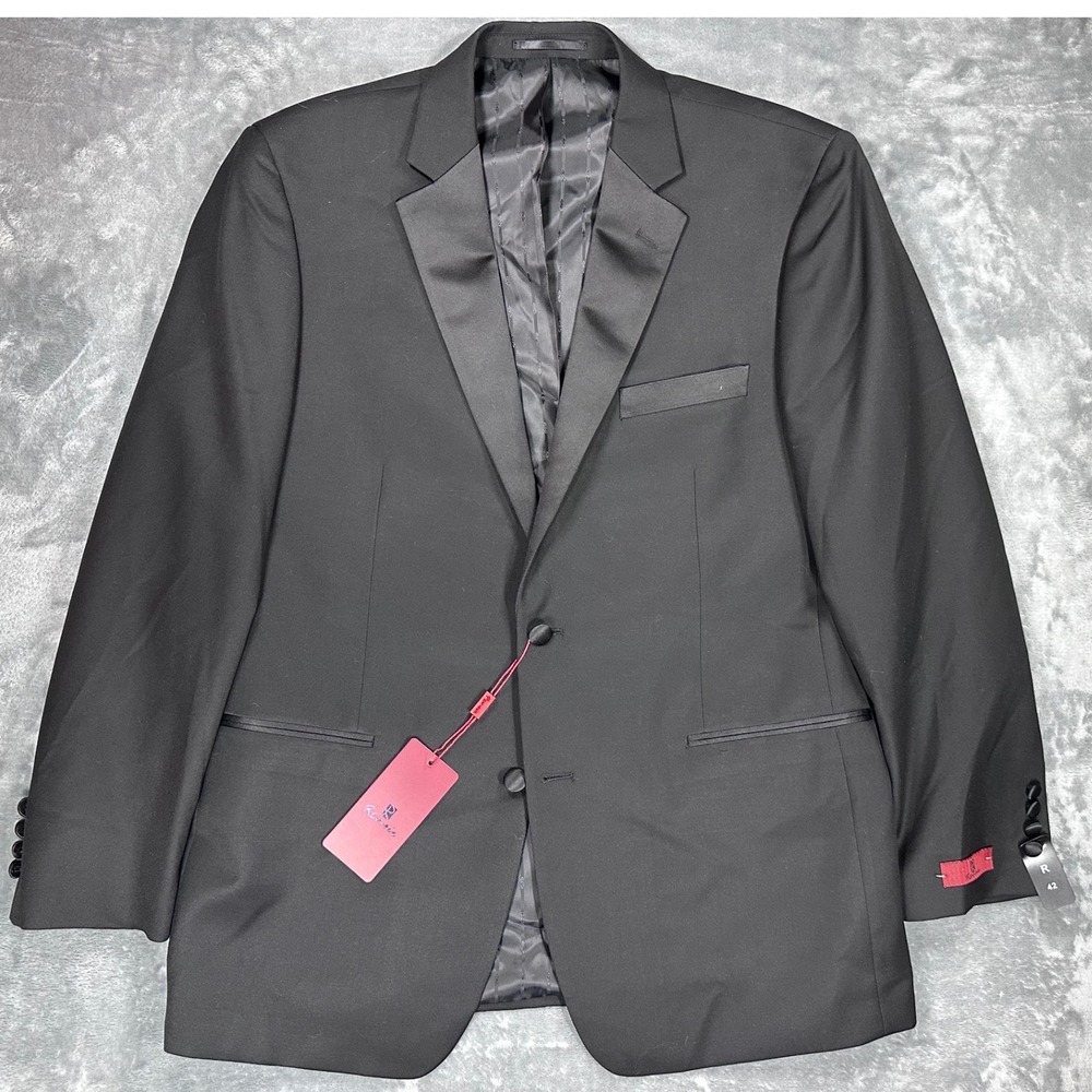 Renoir Mens Black Tuxedo Jacket Satin Peak Lapel 2‎ Button Formal Blazer 42R NEW